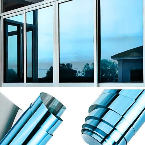 QOQIDUN One Way Window Film Heat Reflective Privacy Self Adhesive for Glass Windows, Anti Glare UV Sun Blocker Mirror Window Tint Film for Home and Office (Blue-Silver, 60x200cm)