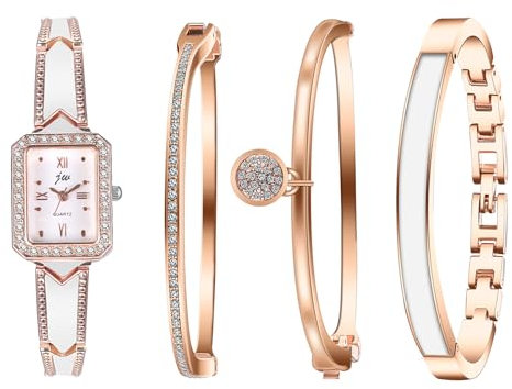 Avaner Damenuhr Armband Set Rosegold: Rechteck Stacking Armreif Analog Quarz Uhr Edelstahl Cubic Zirkonia Love Cuff Charm Armband Schmuck Set für Frauen Mädchen