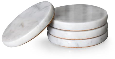 HAMAKAWA Lot de 4 dessous de verre en marbre blanc naturel de 10,2 cm, dessous de verre ronds modernes pour décoration d'intérieur, table basse, bureau