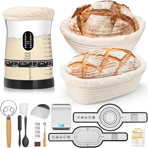 COCO BIRD Sourdough Starter Kit, 50oz Jar, Banneton Bread Proofing Baskets | Complete Sourdough Tools, Digital Scale, 17 Recipes, Fermentation Tracking, Dough Whisk, Bread Lame, Silicone Transfer Slings