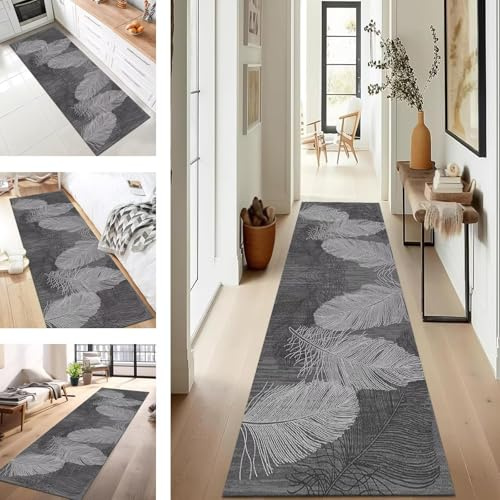 SUCERU Teppich Läufer Flur Diele Küche rutschfest Waschbar Grau Dauerhaft 70X400CM Abstrakt Teppichläufer für Wohnzimmer Korridor Schlafzimmer Büro Esszimmer Flurläufer Anpassbar Meterware