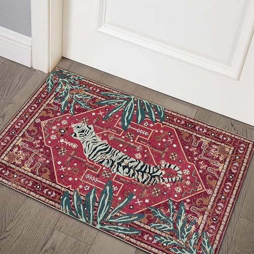 Aldopein Boho-Teppich im Vintage-Stil, Kunstwolle, rutschfest, waschbar, für Badezimmer, Küche, Innenbereich, Eingangsbereich, modern, Used-Look, indischer Akzent, 5 x 7,6 cm, Rot