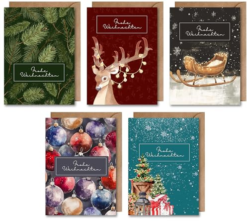 5er Set Weihnachten Karte mit Umschlag - Frohe Weihnachten klassischer Weihnachtskartenset Christbaumkugeln Tannenzweige Rudolf Geschenke Schlitten Weihnachtsfeier Christmas Adventszeit (DIN A6)
