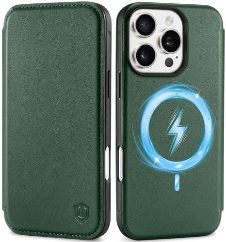 SHIELDON Case for iPhone 16 Pro 6.3, Genuine Leather Slim Folio Wallet [RFID Blocking][3 Card Slots] Magnetic Wireless Charging Shock-Absorbent Cover Compatible with iPhone 16 Pro 2024 - Evergreen