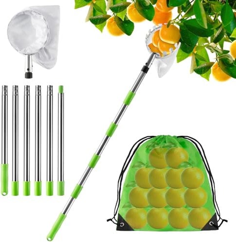 KOMABLEN 2.4M Recoge Frutas Telescopico, Recogedor de Frutas Acero Inoxidable Ligero y Bolsa de Tela, Recogedor Recolector de Frutas para Manzanas, Naranjas, cítricos Fruit Picker Diameter 16 cm