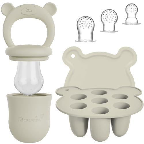 Baby Fruchtsauger & 3 Schnuller mit Eisform Set - Beiger Silikon Nahrungsschnuller mit Beißring, Fruchtschnuller für Obst & Gemüse, Eiswürfelform mit Deckel | Broemba