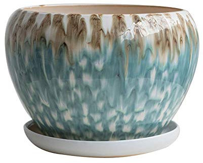 Pot de fleurs rond extra large en céramique avec soucoupe pour cactus et orchidée - Pot de fleurs en terre cuite émaillée et respirante avec plateau d'égouttement - Vert