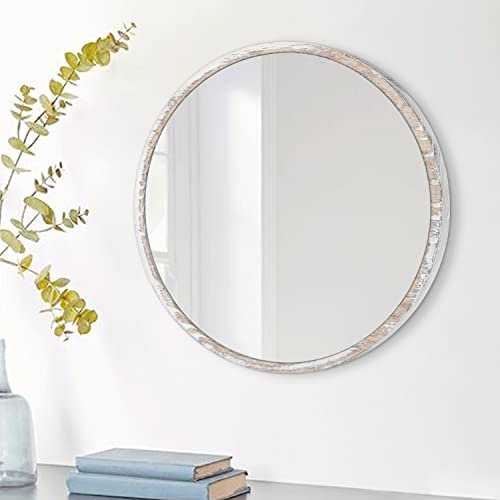 JJUUYOU Runder Spiegel zum Aufhängen, dekorativer Wandspiegel mit Holzrahmen, Kosmetikspiegel für Wohnzimmer, Eingangsbereich, Schlafzimmer, Weiß