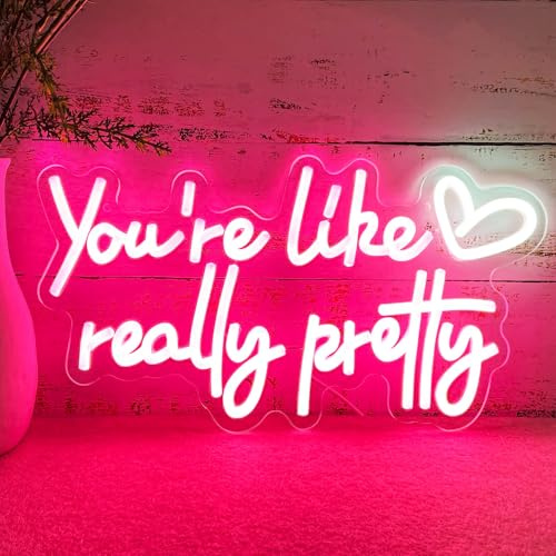 KUUNEON You're Like Really Pretty Neon Sign Your Like Really Pretty Neon Light with Heart Wall Decor for Teen Girls Bedroom, Preppy Pink LED Signs Make up Room Decor Dorm Apartment Dressing Makeup
