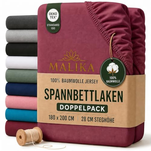 MALIKA® Spannbettlaken 90x200cm - 100x200cm Doppelpack Baumwolle Bettlaken Jersey Betttuch Spannbetttuch Laken - Matratzenhöhe bis 28 cm
