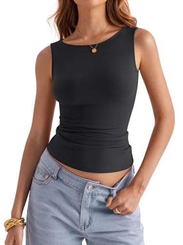 shownicer Top Damen U-Boot Ausschnitt Tank Top Sommer Sexy Ärmellos Tops Y2K Slim Fit Basic Oberteile A Schwarz M