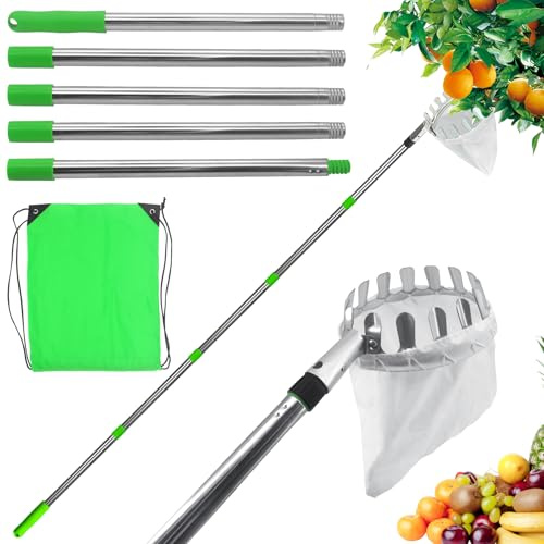 CheurYae Recogedor de frutas telescópico, 2 m/3,2 m, con bolsa de algodón de 16 cm y bolsa de almacenamiento