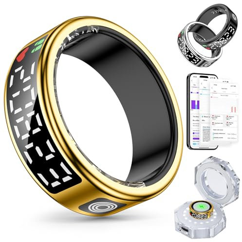 Smart Ring Smartringe für Herren Damen, Fitness Tracker Rings mit LED Anzeige, Gesundheitsring IP68 Wasserdicht mit iOS und Android,Aktivitätstracker/Herzfrequenz/SpO2/Schlaf (Gold, 11)