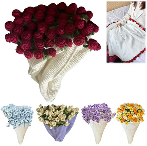 Blumenstrauß-Decke Materialpaket, Garnierte Strickdecke, Weiche gestrickte Decke, Kuschelige Wohndecke, Perfekt für Geburtstags- und Muttertagsgeschenke