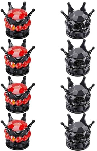 ZAHD 8 PCS Ventilkappen Handgefertigte Kristall Krone Autoreifen Ventilkappen Dekoration Strass Krone Reifenventilkappen Kristall Krone Fahrrad Ventilkappen für Autos Motorräder (Schwarz Rot)