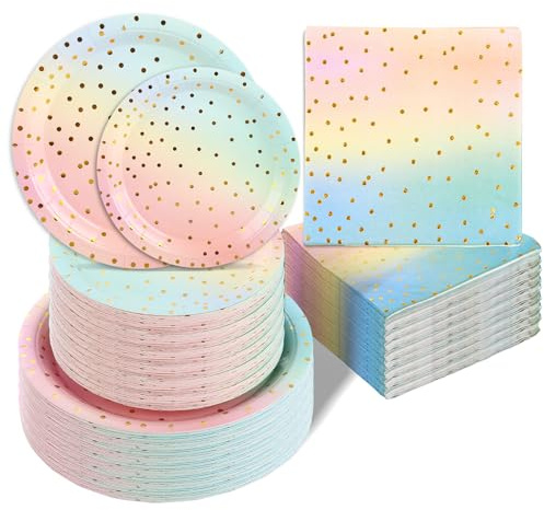 SHUESS 150 Pcs Rainbow Paper Plates and Napkins - Pink and Gold-Pastel Party Tableware Set - Disposable Party Supplies Includes 9&7 Rainbow Paper Plates, Napkins, Serves 50