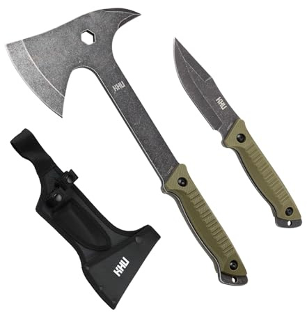 KHU 2pcs 420HC Stahl Camping Axt Feststehende Klinge Jagdmesser - Full Tang Campingmesser Survival Axt mit Scheide, bushcraft zum Holzspalten für den Outdoor-Einsatz, Jagdausrüstung - 07A