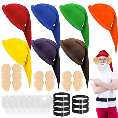 LYCN 28-teiliges Weihnachtskostüm Set für Erwachsene, Zwergen Kostüm mit 7 Zwergenmützen, 7 Bärten, 7 Paar Ohren und 7 Gürteln, Lustige Nikolaus Verkleidung für Weihnachtsfeier und Gruppenparty