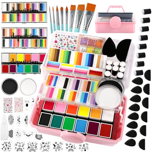 Professional Face Painting kit for Kids Adult, 110 Colors Split Cake Face Paint 96 pcs Set Non-Toxic Washable & Safe water Based with Brushes Sponges Glitter Stencils for Halloween Makeup kit