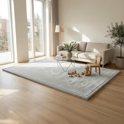 FRIEDO Krabbelmatte Baby I ÖKOTEX Zertifiziert I 160x230cm hellgrau I Extra dick und weiche Spielmatte, Spielteppich I Rutschfester, wasserabweisender Teppich für Wohn und Kinderzimmer I Tatami Matte