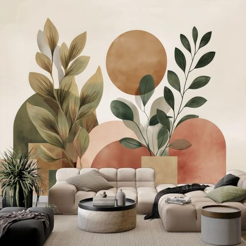 Papier Peint Non-tissées Panoramique 400 x 280 cm 3D Poster Geant Mural, Boho Géométrique Aquarelle Plantes pour Salon Chambre restaurant Décoration Murale - Tapisserie Murales Beige