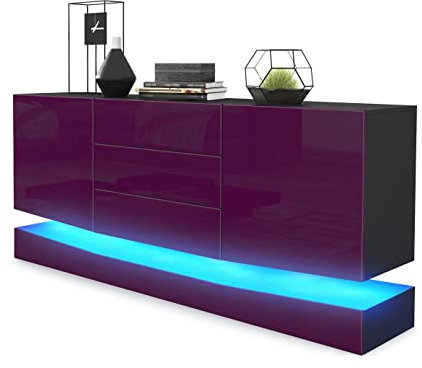 Vladon Sideboard City, Made in Germany, Schwarz matt/Brombeer Hochglanz inkl. LED - Moderne Kommode für Ihr Wohnbereich (178 x 72 x 38 cm)