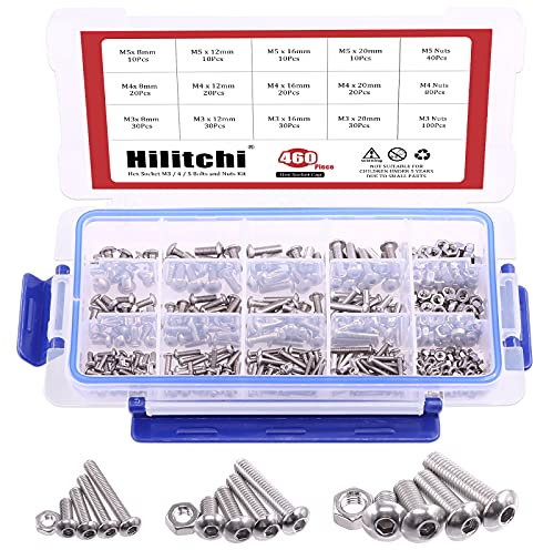 hilitchi 460-piece M3 M4 M5 Edelstahl Button Kopf Innensechskant Kopf Cap Schrauben Schrauben Muttern Sortiment Kit