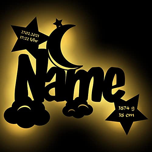 Led Holz Nachtlicht Wolken-Mond Name-n und Datum individuell personalisiert, Taufgeschenk-e Geschenk-e zur Geburt Taufe Kommunion Paten-Kind Mädchen Junge-n