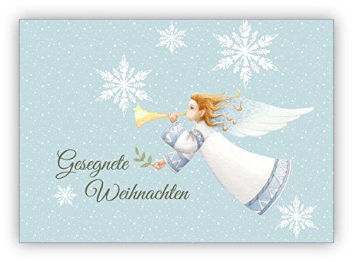 Kartenkaufrausch Zarte Weihnachtskarte mit Verkündigungs Engel im Schnee Gestöber mit Sternen: Gesegnete Weihnachten • als Grusskarte zu Weihnachten, Neujahr