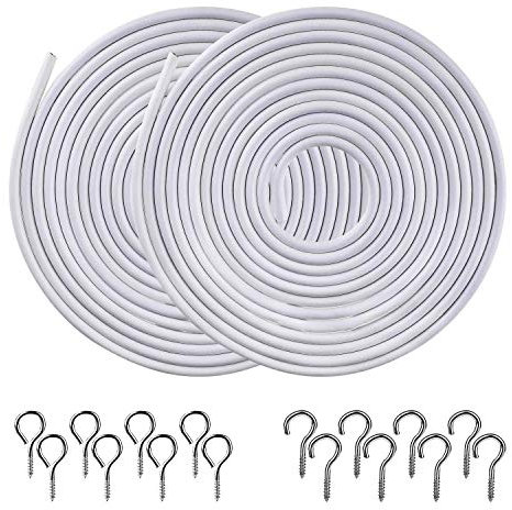 Pinowu Weißer Vorhang Draht Hängender Kabel Installationssatz (2 Stück) mit 8 Paaren Haken und Augen für Nettovorhang Stangen (2 x 3 Meters)