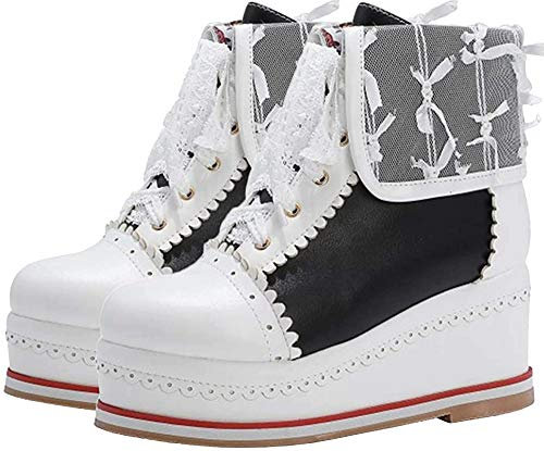 LUXMAX Stivaletti Donna Zeppa Alta Caviglia Stivali Plateau Tacco Alto con Stringate Cerniera Pizzo Fibbia (Nero) - 37 EU