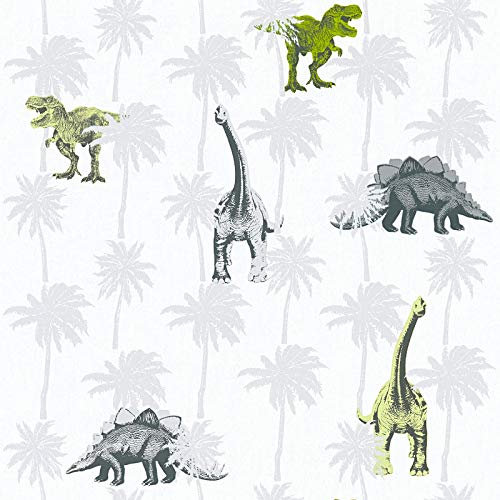 Tapete Dinosaurier Creme Grau Grün | Dinosaurier Tapete Jung für Kinderzimmer | Vliestapete für Jungenzimmer und Kinderzimmer!