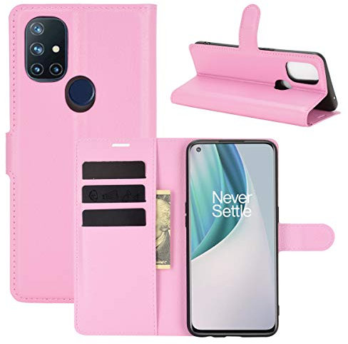 LMFULM® Hülle für OnePlus Nord N10 (6,49 Zoll) PU Leder Magnet Brieftasche Lederhülle Handytasche Litschi Muster Standfunktion Ledertasche Flip Cover Rose