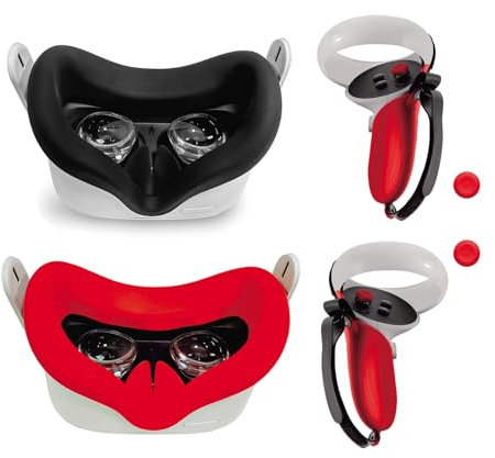 OOAVR Zubehör für Oculus Quest 2 VR-Controller, Griffhülle, 2 Silikon-Gesichtspolster, Joystick-Abdeckungen (rot / 4-teiliges Set)