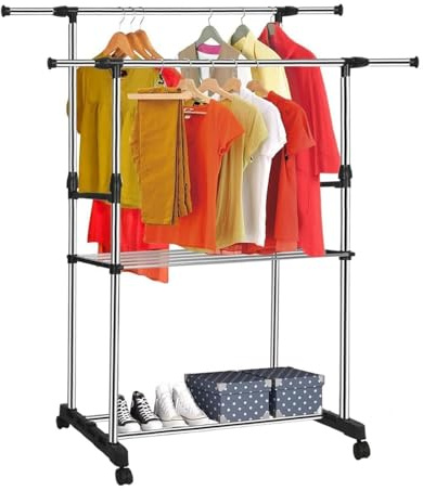 Youyijia Kleiderständer Verstellbare mit Rollen Kleiderstange Wäscheständer Rollschrank mit Rädern Garderobenständer Rollgarderobe Ausziehbar Breite 92-146cm Höhe 94-160cm