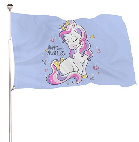 Dekoratives Hausflagge, Hof-Banner, Happy Unicorn Princess-Druck, alle Jahreszeiten, Feiertage, Willkommensflagge, Rasen, hängende Dekoration, 90 x 150 cm