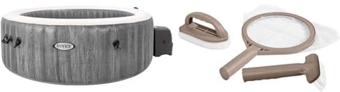 Intex 28442EX - PureSpa Vasca Idromassaggio Gonfiabile Greywood Deluxe, 6 posti, 170 Getti, Riscaldatore, PVC, Grigio, 216x71 cm & 28004 - Kit Pulizia PureSpa, 3 pezzi, Plastica, Multicolore