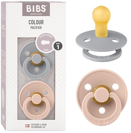 BIBS Colour Schnuller, 0-6 Monate, 2er-Pack, Runder Sauger, Cloud/Blush | Naturkautschuklatex | Größe 1 | BPA-frei | Hergestellt in Dänemark | Hohe Akzeptanz | Luftlöcher | Komfortschild