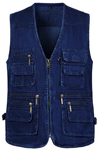 Yukirtiq Herren Angeln Weste ärmellos Freizeit Jagd Herrenwesten Sommer Trekking Wander Weste Reporterwesten Safari Weste mit Vielen Taschen, Jeansblau, XL