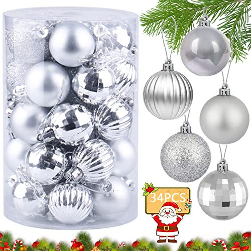 34 Stück Weihnachtskugeln, Weihnachtsbaum Kugel, Plastik Christbaumkugeln Set, Christbaumkugeln Baumschmuck, Dekokugeln Weihnachten, Baumschmuck Baumkugeln für Weihnachten Hochzeitsfest 4 CM (Silber)