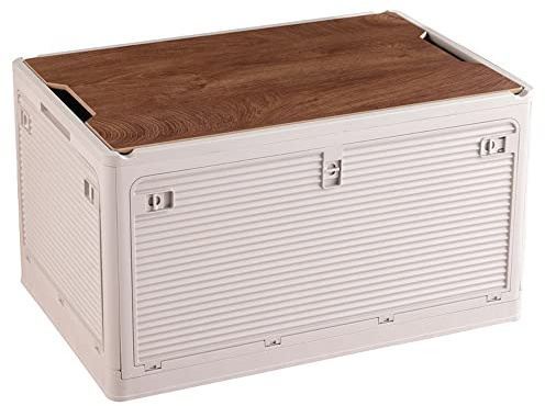 Radefasun Foldable Storage Bins with Wood Lids Plastic Collapsible Box with Cutting Board Portable Stackable Grocery Container Folding Latching Crate with Removable Pulley (L, Khaki)