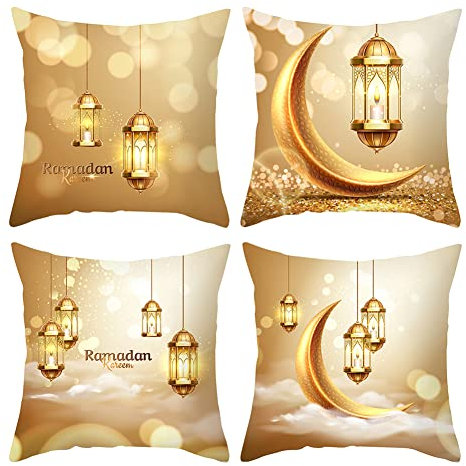 4 Stücke Ramadan Kissenbezug Eid Mubarak Kissenhülle Goldene Mond Laterne Muster Eid Ramadan Wurfkissenbezüge Zierkissenbezüge Sofakissen Dekokissen für Muslim Dekoration Deko Sofa Wohnzimmer Kissen