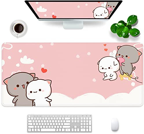 Pinkes Gaming-Mauspad, Geschenk für Frauen, niedliches großes Mauspad, 88,9 x 39,9 x 0,3 cm, extra großes Gummi-Mauspad, Katzen-Thema, rosa und weiß, Mauspad (Pink -2)