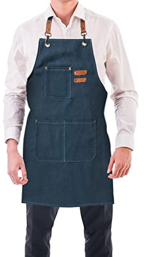 BOOWEN Tablier Cuisine Homme Tabliers en Toile avec 3 Poches Imperméable et Réglable Apron pour Barbecue, Restaurant,Jardin, Charpentier，76 * 68cm (bleu marine)