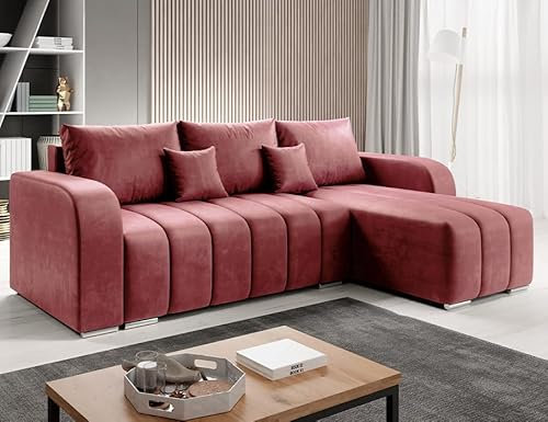 MODERNO Pufetto Ecksofa mit Schlaffunktion Bettzeugbehälter, Eckcouch Schlafsofa Wohnzimmer Schlafzimmer, Möbel Sofas & Couches, Sofa Schlafcouch Couch Velours Rosa 86x245x147cm