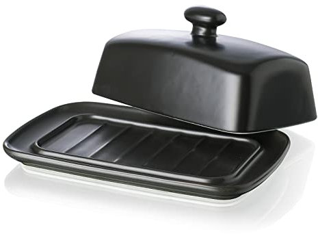 Large Porcelain Butter Dish with Lid, Candiicap Classic Matte Butter Keeper for Countertop, Large Butter Holder for Butter Storage & Home Kitchen Decor, Dishwasher Safe (Matte Black)