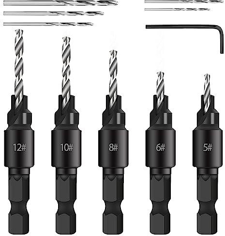 Juego de brocas avellanadoras para carpintería, 5 piezas, brocas en espiral de 1/4 pulgadas con avellanado, 5 piezas, brocas en espiral HSS con una llave inglesa, juego de avellanador de madera para