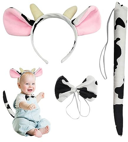 TSHAOUN 3 Stück Kuh Kostüm Set, Tierkostüm Set, Kuh Haarreif Fliege Schwanz, Kuh Kostüm Kinder, Cosplay Verkleidung Zubehör, für Karneval, Halloween, Geburtstag Party, Kostüm Partys