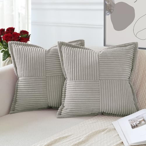 Artscope 2er Set Kordsamt Kissenbezüge Samtkissen Weich Dekokissen Dekorativ Kissenbezug Modern Kissenhülle Umwickelte Kante Sofakissen für Wohnzimmer Schlafzimmer Hellgrau, 60x60cm