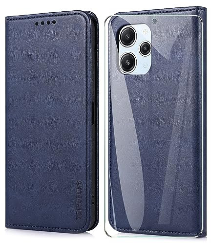 THIYUFUNS Coque pour Xiaomi Redmi 12 4G / 5G (6.79) avec Verre Trempé Protection écran,Housse Cuir PU Portefeuille Magnétique pour Xiaomi Redmi 12 4G / 5G (6.79) - Bleu
